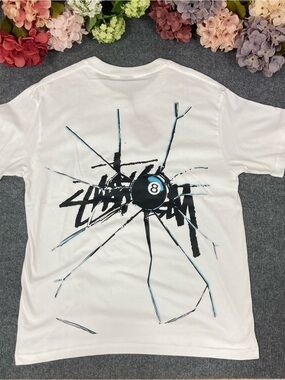 Stussy White Short Sleeve Tee with Black & Blue 8-Ball Graphic